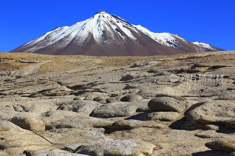 Salar de Talar和Miniques白雪皑皑的火山- Piedras rojas(红色的石头)岩石形成在日出和田园般的阿塔卡马沙漠，火山景观全景-圣佩德罗阿塔卡马，智利，Bolívia和阿根廷边境